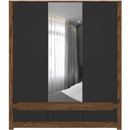 Фото шкафа с зеркалом RUSO SZF2D1M3S BRW дуб апрель / черный – вид спереди