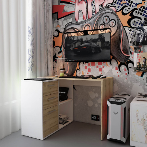 Фото письмового столу T8 ДОРОС (DOROS) білий / дуб артизан в інтер'єрі