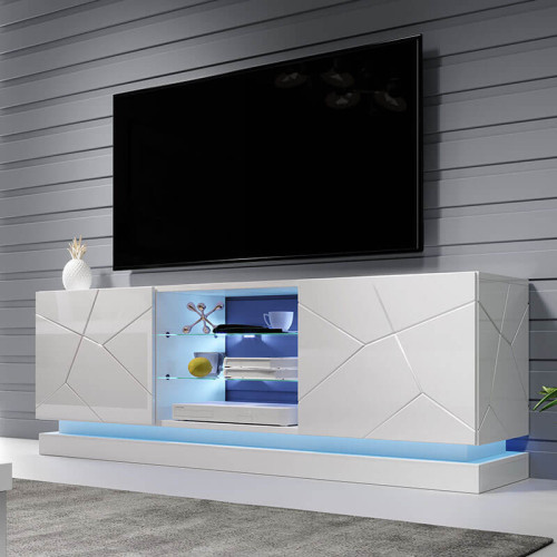 Фото тумбы ТВ QIU 160 CAMA MEBLE белый глянец с подсветкой полок и с подсвеченной полосой