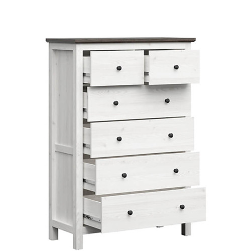 На фото комод HESEN KOM6S/15/10 BRW лиственница sibiu светлая / сосна larico – наполнение