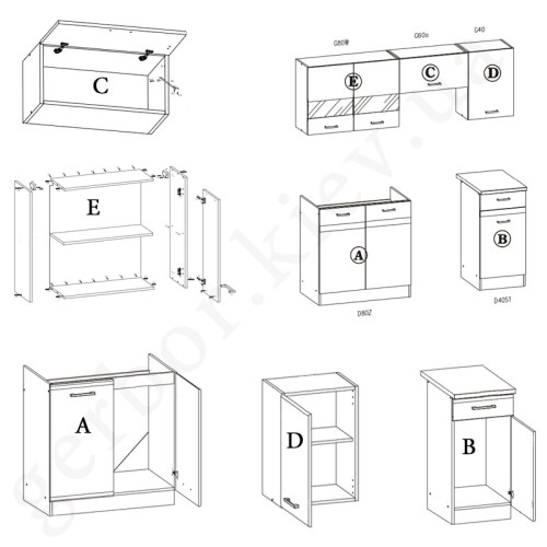 Фото комплекта для кухни ELIZA 180  BOGFRAN риека светлая / дуб венге – схема наполнения