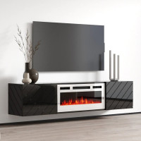 LUXE EF CAMA MEBLE Тумба ТВ навісна чорний / чорний глянець з білим електрокаміном LUXE EF CAMA MEBLE Тумба ТВ навісна чорний / чорний глянець з білим електрокаміном