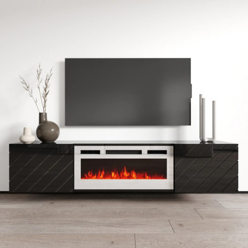 Фото навісної тумби ТВ з електрокаміном LUXE EF CAMA MEBLE чорний / чорний глянець / білий камін – вигляд спереду