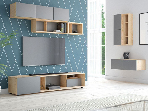 На фото вариант 2 расположения модулей гостиной BARCELONA VIVALDI дуб крафт золотой / графит