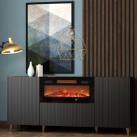 PAFOS 180 EF CAMA MEBLE Комод чорний / чорний камін / золоті ніжки PAFOS 180 EF CAMA MEBLE Комод чорний / чорний камін / золоті ніжки