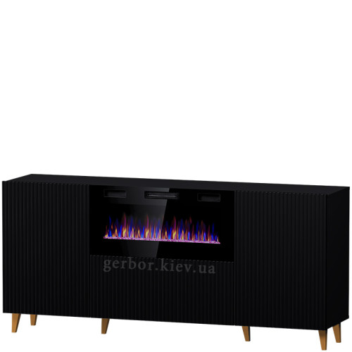 Фото комоду PAFOS 180 EF CAMA MEBLE  чорний / чорний камін / золоті ніжки – вигляд спереду