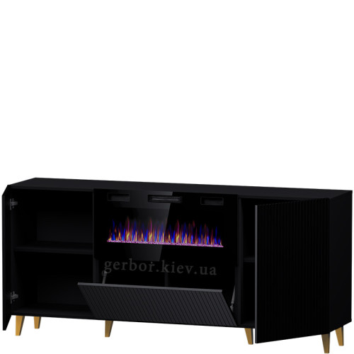 Фото комоду PAFOS 180 EF CAMA MEBLE  чорний / чорний камін / золоті ніжки – наповнення