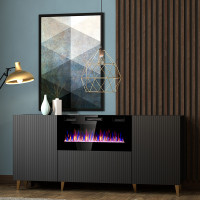 PAFOS 180 EF CAMA MEBLE Комод чорний / чорний камін / золоті ніжки PAFOS 180 EF CAMA MEBLE Комод чорний / чорний камін / золоті ніжки