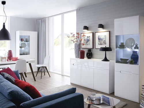 Фото комода AZTECA TRIO KOM3D3S BRW белый / белый глянец в интерьере столовой