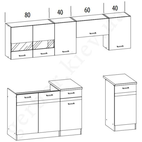 Фото комплекта для кухни ELIZA 220  BOGFRAN риека светлая / дуб венге – схема размеров