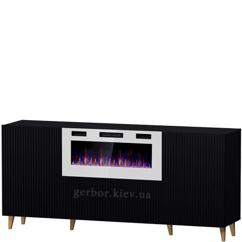 Фото комоду PAFOS 180 EF CAMA MEBLE  чорний / чорний камін / золоті ніжки – вигляд збоку