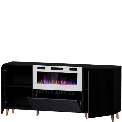 Фото комоду PAFOS 180 EF CAMA MEBLE  чорний / чорний камін / золоті ніжки – наповнення