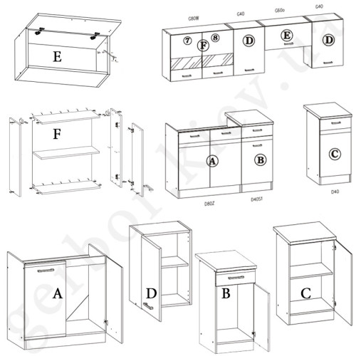 Фото комплекта для кухни ELIZA 220  BOGFRAN дуб венге / риека светлая – схема наполнения