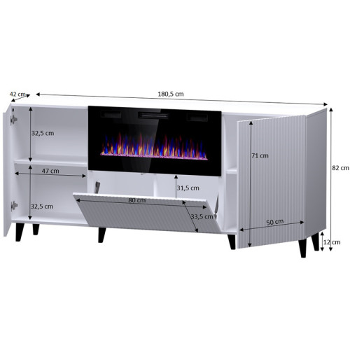 Фото комоду PAFOS 180 EF CAMA MEBLE  білий / білий камін / чорні ніжки – схема з розмірами