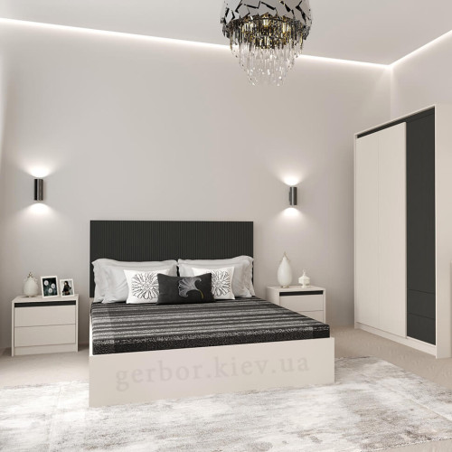 Фото приліжкової тумбочки МОНАКО KOM2S Гербор кашемір / елегантний сірий софт тач в інтер'єрі спальні