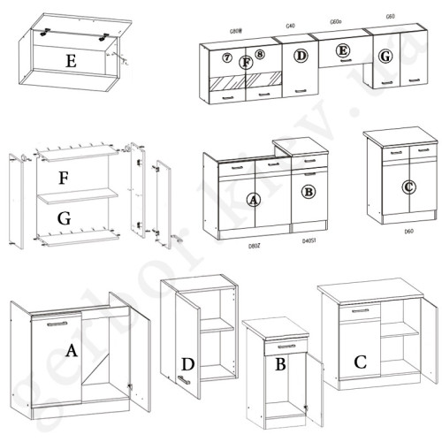 Фото комплекта для кухни ELIZA 240  BOGFRAN риека светлая / дуб венге – схема наполнения