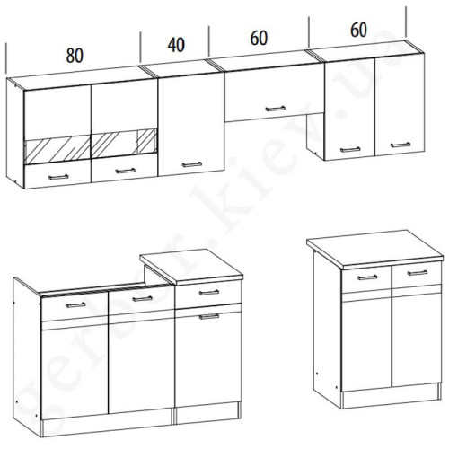 Фото комплекта для кухни ELIZA 240  BOGFRAN дуб венге / риека светлая – схема размеров
