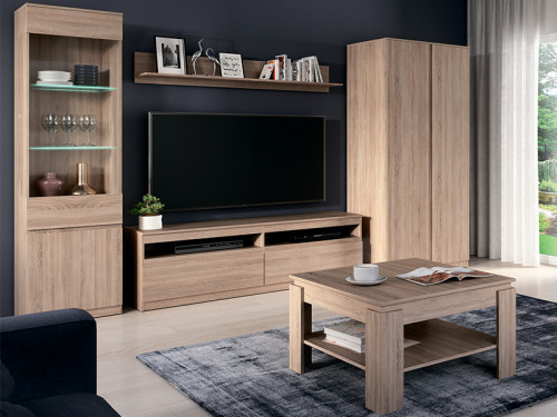 Фото вітрини з додатковою підсвіткою REMI RM07 LIVEO BOGFRAN дуб сонома в інтер'єрі вітальні