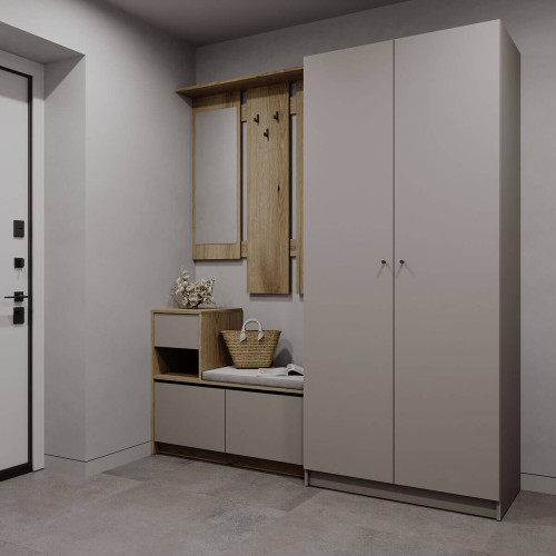 Фото передпокою БЕЛА ДОРОС (DOROS) та шафа ПРОМО 2 ДСП дуб евок / кашемір в інтер'єрі – вигляд збоку