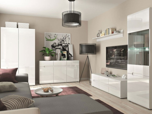 Фото витрины AZTECA TRIO REG1W1D/19/6 BRW белый / белый глянец в интерьере гостиной