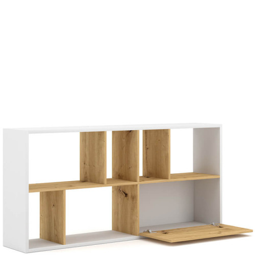 На фото вид сбоку наполнения стеллажа SPACE VIVALDI белый / дуб артизан (горизонтальное положение)