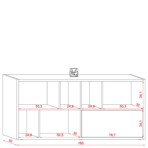 На фото схема размеров и нагрузки стеллажа SPACE VIVALDI белый / дуб артизан в горизонтальном положении