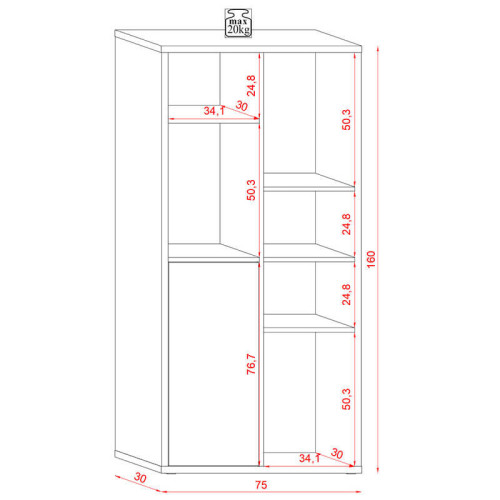 На фото схема размеров и нагрузки стеллажа SPACE VIVALDI черный / дуб артизан в вертикальном положении