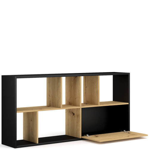 На фото вид сбоку наполнения стеллажа SPACE VIVALDI черный / дуб артизан (горизонтальное положение)