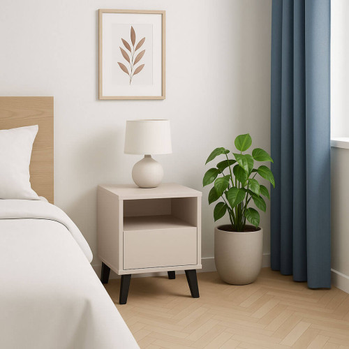 Фото білої приліжкової тумбочки BORG 1S MEBELBOS в інтер'єрі спальні