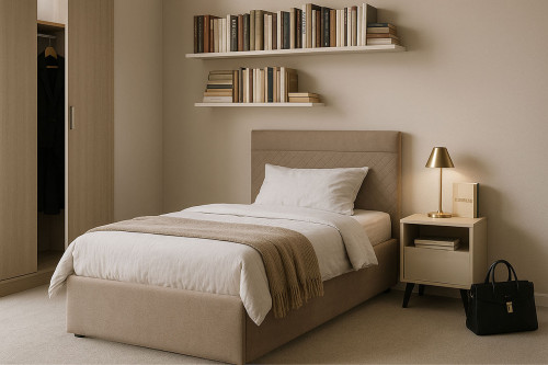 Фото приліжкової тумбочки BORG 1S MEBELBOS кашемір в інтер'єрі спальні