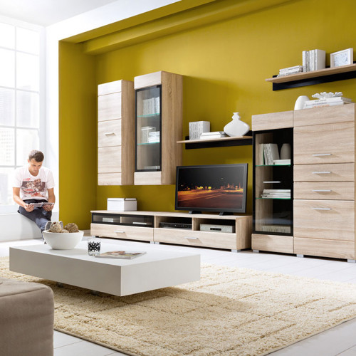 Фото тумбы ТВ ВУШЕР RTV1S Гербор дуб сонома в интерьере гостиной