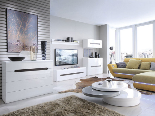 Фото тумбы AZTECA TRIO SFK4D/8/11 BRW белый / белый глянец в интерьере гостиной