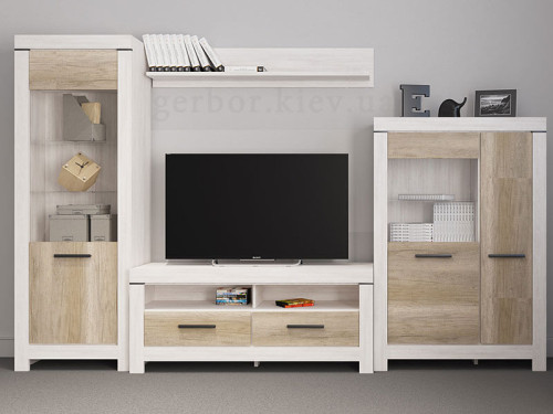 Фото вітрини REG1W БЕЛЕН Гербор сосна каньйон / дуб корабельний — комплект меблів для вітальні