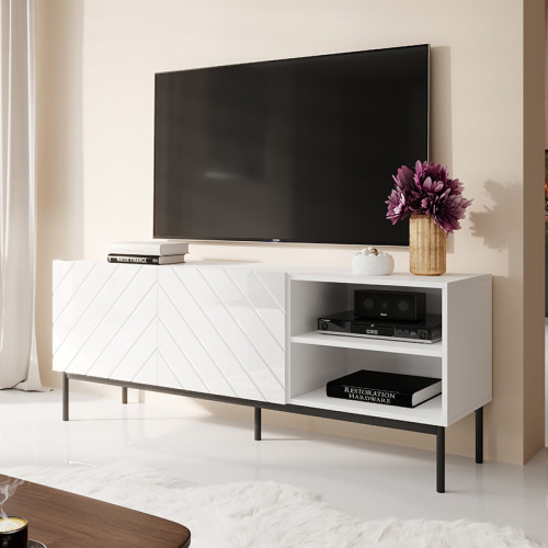 Фото тумби ТВ ABETO 150 CAMA MEBLE білий / білий глянець / чорні металеві ніжки