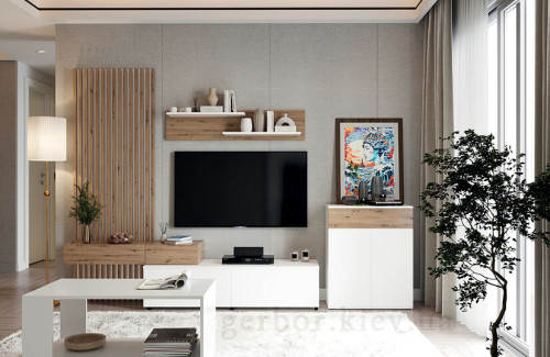 Фото тумби РЕБЕКА KOM2D1S Гербор дуб артизан / німфеа альба в інтер'єрі вітальні