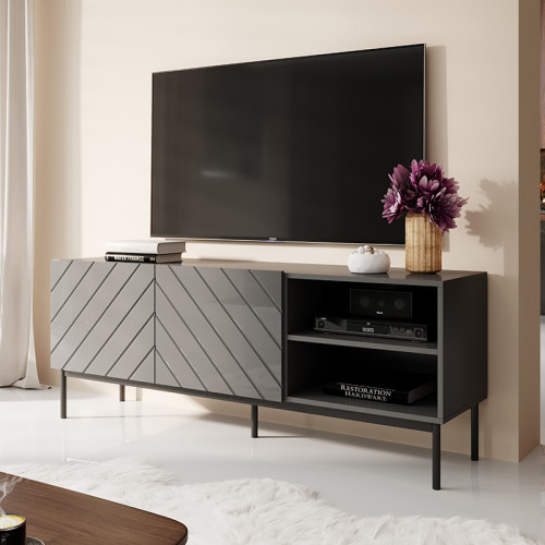 Фото тумби ТВ 150 ABETO CAMA MEBLE графіт / графіт глянець / чорні металеві ніжки