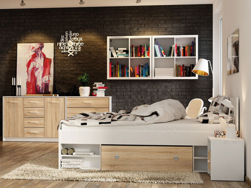 Фото белой кровати NEPO PLUS LOZ3S/160 BRW с ящиками дуб сонома в интерьере спальни