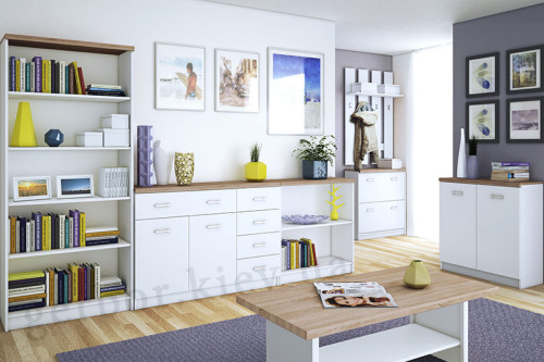 Фото стеллажа REG OTW_80 TOP-MIX VMV Holding белый / дуб сонома в интерьере гостиной