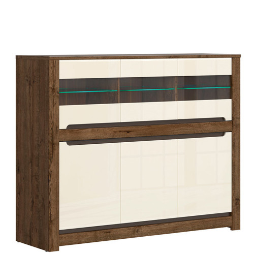 Фото буфета RUSO KOM3W3D BRW дуб апрель / перламутр глянец с подсветкой полок