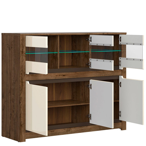 Фото буфета RUSO KOM3W3D BRW дуб апрель / перламутр глянец с подсветкой полок – наполнение