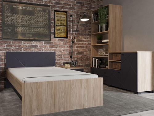 Фото стеллажа Х-СКАУТ Х-03 Санти дуб каменный / графит в интерьере спальни