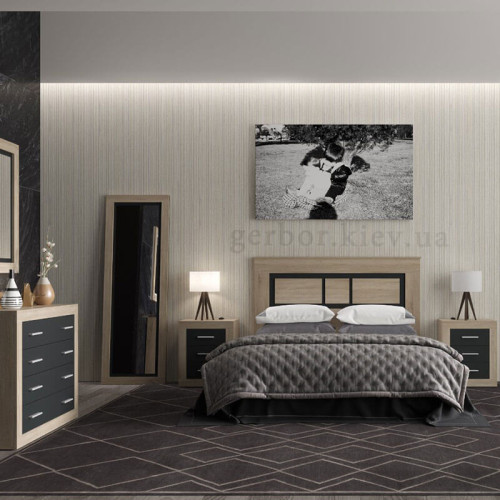 Фото комоду САРА KOM4S Гербор дуб сонома / антрацит в інтер'єрі спальні