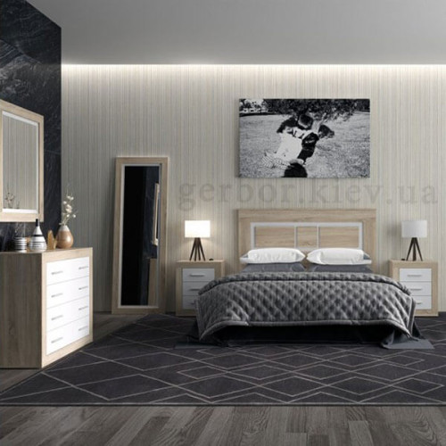 Фото комоду САРА KOM4S Гербор дуб сонома / німфея альба в інтер'єрі спальні