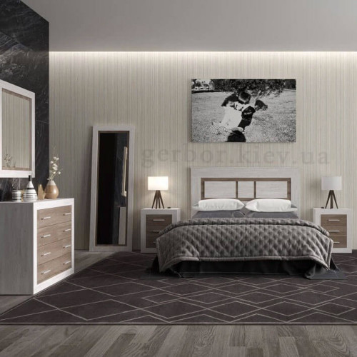 Фото комоду САРА KOM4S Гербор сосна каньйон / дуб сонома трюфель в інтер'єрі спальні