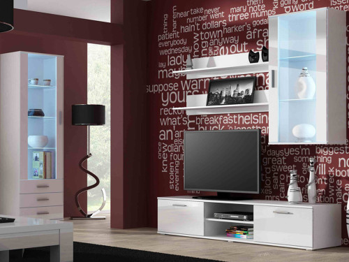 Фото навесной витрины SOHO CAMA MEBLE белый / белый глянец в интерьере гостиной