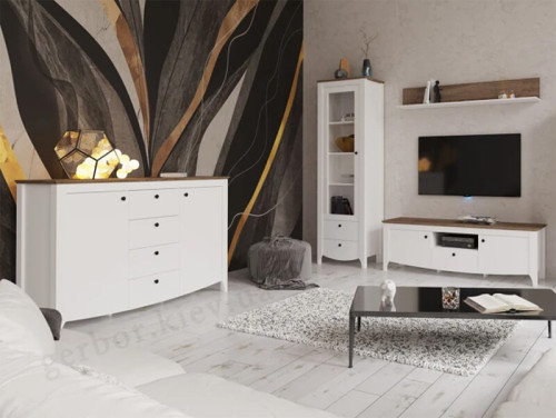 Фото комоду КАРІНА KOM2D4S Гербор німфеа альба / дуб сонома трюфель в інтер'єрі вітальні