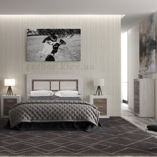 Фото комоду САРА KOM5S Гербор сосна каньйон / дуб сонома трюфель в інтер'єрі спальні