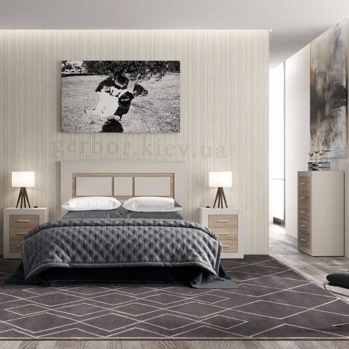 Фото комоду САРА KOM5S Гербор кашемір / дуб сонома в інтер'єрі спальні