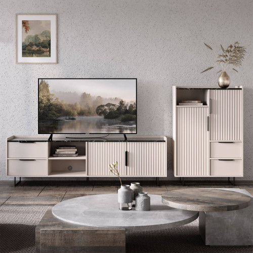 Фото тумби ФРЕСКО KOM2D2S БРВ (ВМК) кашемір / темний мармур в інтер'єрі вітальні