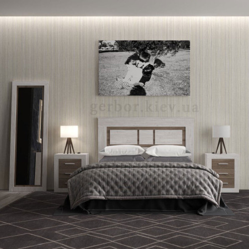 Фото приліжкової тумбочки САРА KOM3S Гербор сосна каньйон / дуб сонома трюфель в інтер'єрі спальні